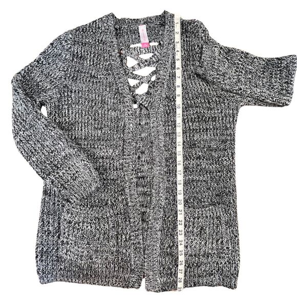 No Boundaries Cardigan Large Black White Cross Cross Marled Open Knit Topper - Picture 4 of 9